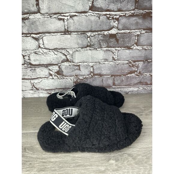 UGG Fluff Yeah Black Sheepskin Fur Slingback Slippers Sandals Women’s 8M US/39EU - Picture 13 of 16